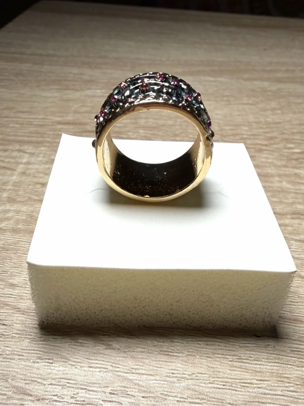 Gold-Tone Wide Band Ring with Pink Accent Stones